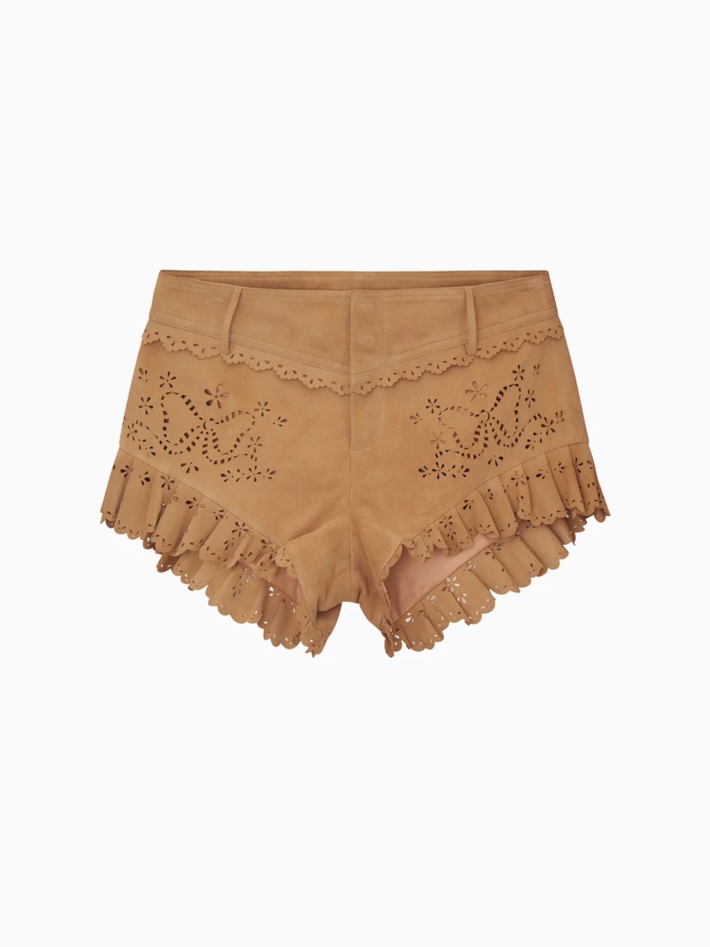 LoveShackFancy Suede Scallop-Edge Ruffle Shorts in Tan